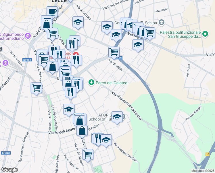 map of restaurants, bars, coffee shops, grocery stores, and more near 25 Via Francesco Camassa in Lecce