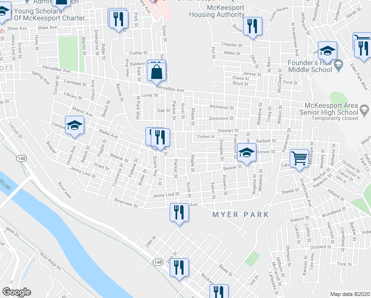 map of restaurants, bars, coffee shops, grocery stores, and more near 2599 Brom Street in McKeesport