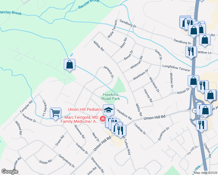 map of restaurants, bars, coffee shops, grocery stores, and more near 109 Janwich Drive in Marlboro Township