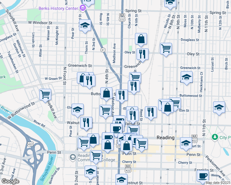 map of restaurants, bars, coffee shops, grocery stores, and more near 443 Buttonwood Street in Reading