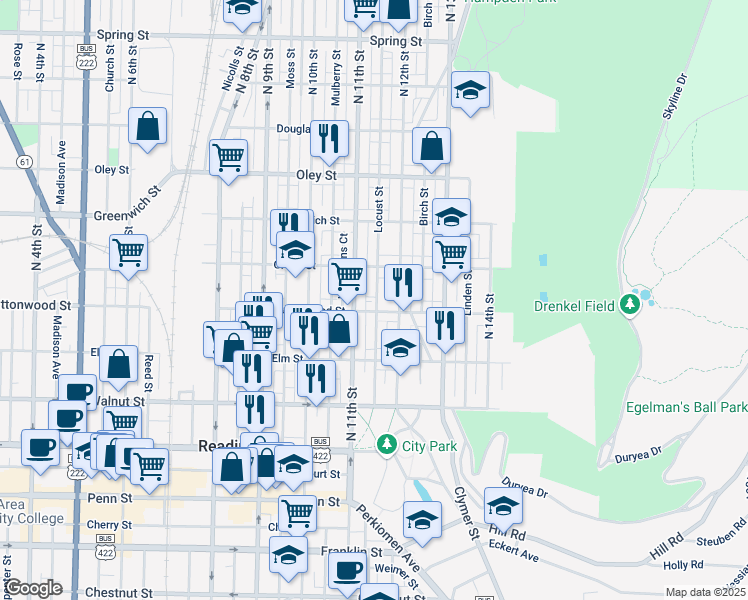 map of restaurants, bars, coffee shops, grocery stores, and more near 349 Locust Street in Reading