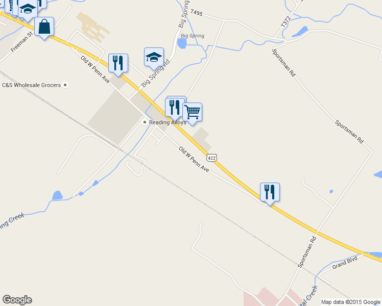 map of restaurants, bars, coffee shops, grocery stores, and more near 121 Old West Penn Avenue in Wernersville