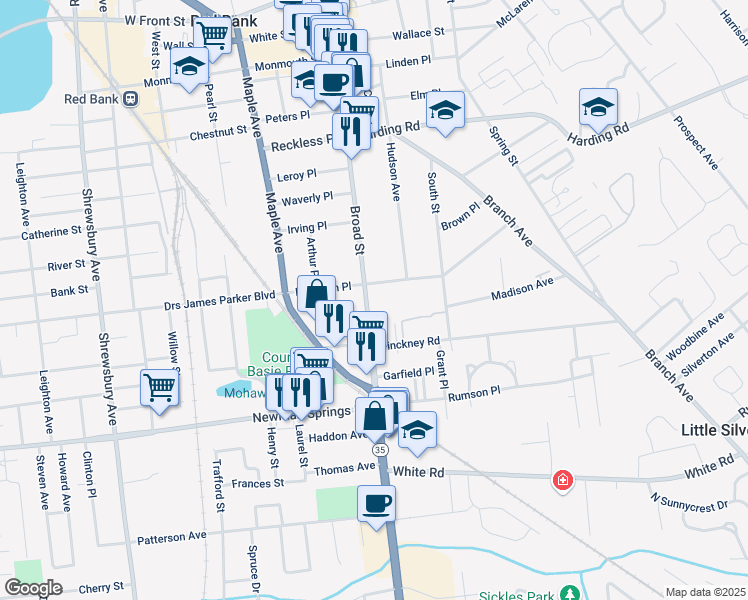 map of restaurants, bars, coffee shops, grocery stores, and more near 285 Broad Street in Red Bank