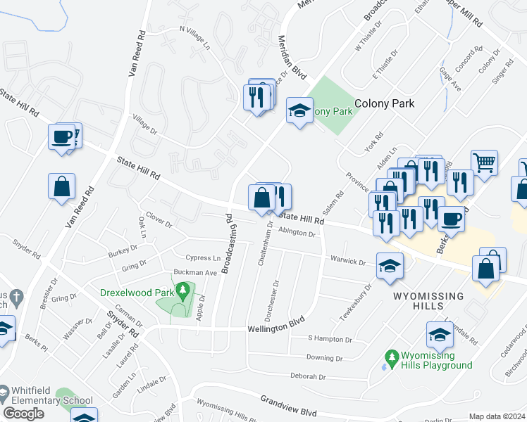 map of restaurants, bars, coffee shops, grocery stores, and more near 2599 State Hill Road in Reading