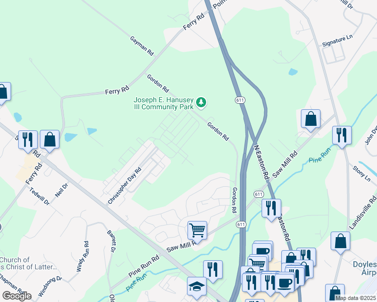 map of restaurants, bars, coffee shops, grocery stores, and more near 3910 Cephas Child Road in Doylestown
