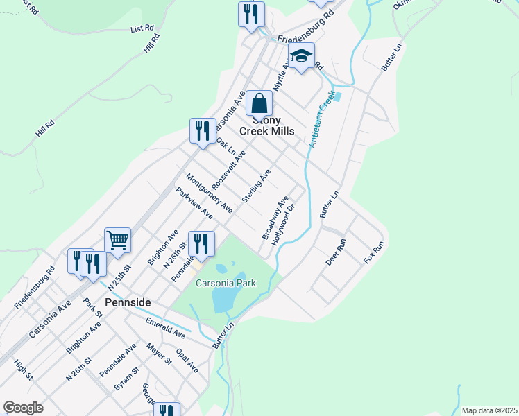 map of restaurants, bars, coffee shops, grocery stores, and more near 401 Melrose Avenue in Reading