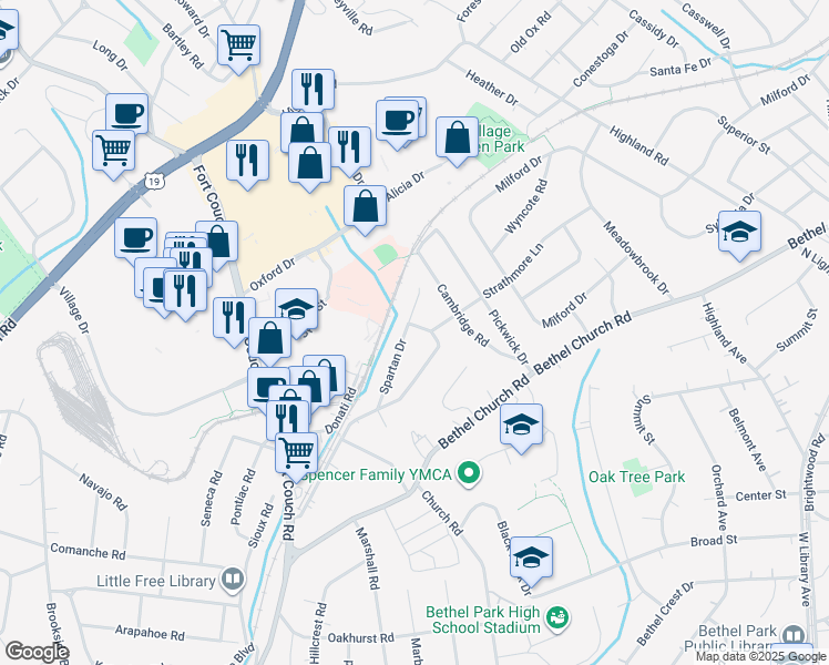 map of restaurants, bars, coffee shops, grocery stores, and more near 271 Graeser Avenue in Bethel Park