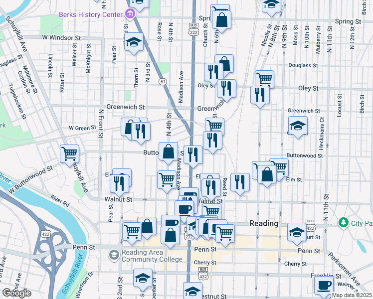 map of restaurants, bars, coffee shops, grocery stores, and more near 433 Woodward Street in Reading