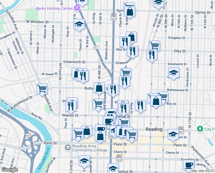 map of restaurants, bars, coffee shops, grocery stores, and more near 433 Woodward Street in Reading