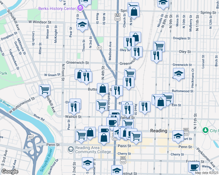 map of restaurants, bars, coffee shops, grocery stores, and more near 435 Buttonwood Street in Reading