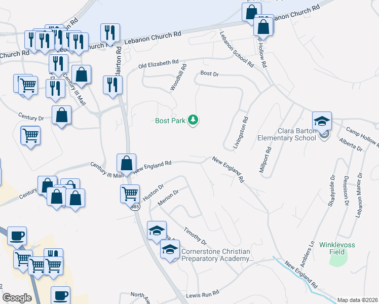 map of restaurants, bars, coffee shops, grocery stores, and more near 3222 New England Road in West Mifflin