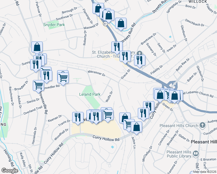 map of restaurants, bars, coffee shops, grocery stores, and more near 5512 Wolfe Drive in Pittsburgh