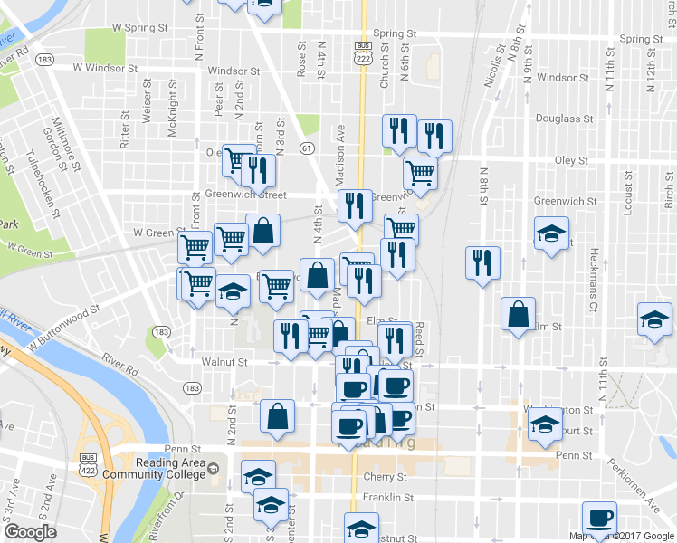 map of restaurants, bars, coffee shops, grocery stores, and more near 435 Buttonwood Street in Reading