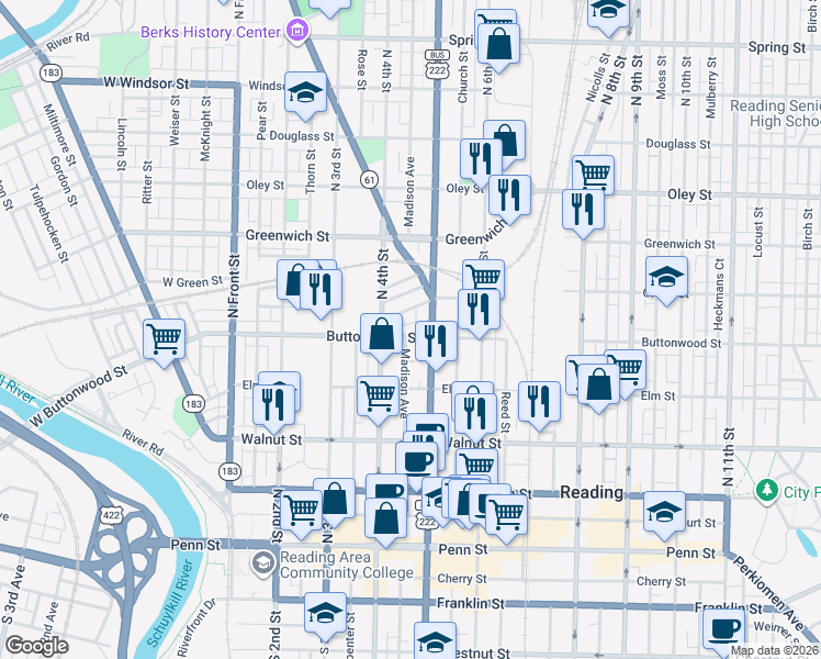 map of restaurants, bars, coffee shops, grocery stores, and more near 433 Woodward Street in Reading