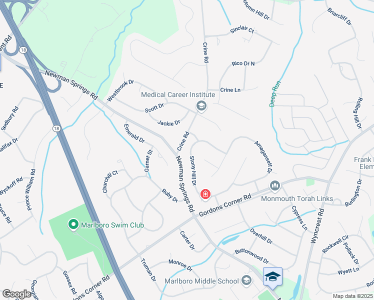 map of restaurants, bars, coffee shops, grocery stores, and more near 20 Stony Hill Drive in Marlboro Township