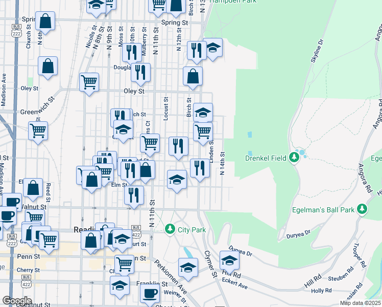 map of restaurants, bars, coffee shops, grocery stores, and more near 1210 Green Street in Reading