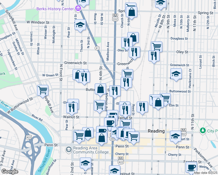 map of restaurants, bars, coffee shops, grocery stores, and more near 443 Buttonwood Street in Reading