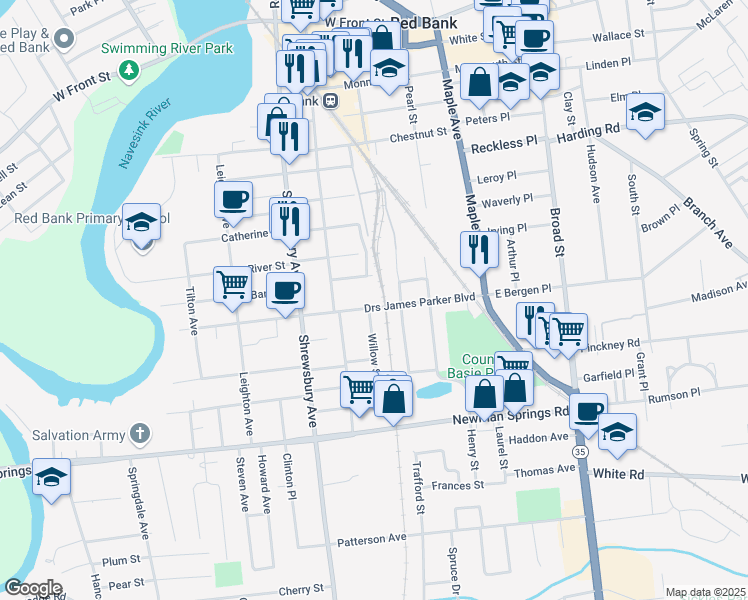 map of restaurants, bars, coffee shops, grocery stores, and more near 29 Cedar Street in Red Bank