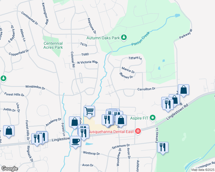 map of restaurants, bars, coffee shops, grocery stores, and more near Fairfax Village in Harrisburg