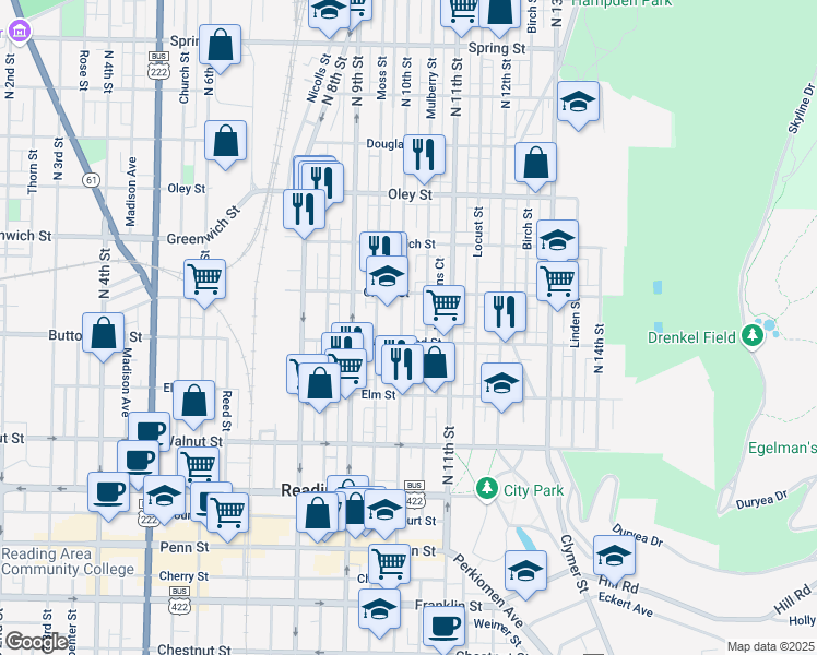 map of restaurants, bars, coffee shops, grocery stores, and more near 435 North 10th Street in Reading
