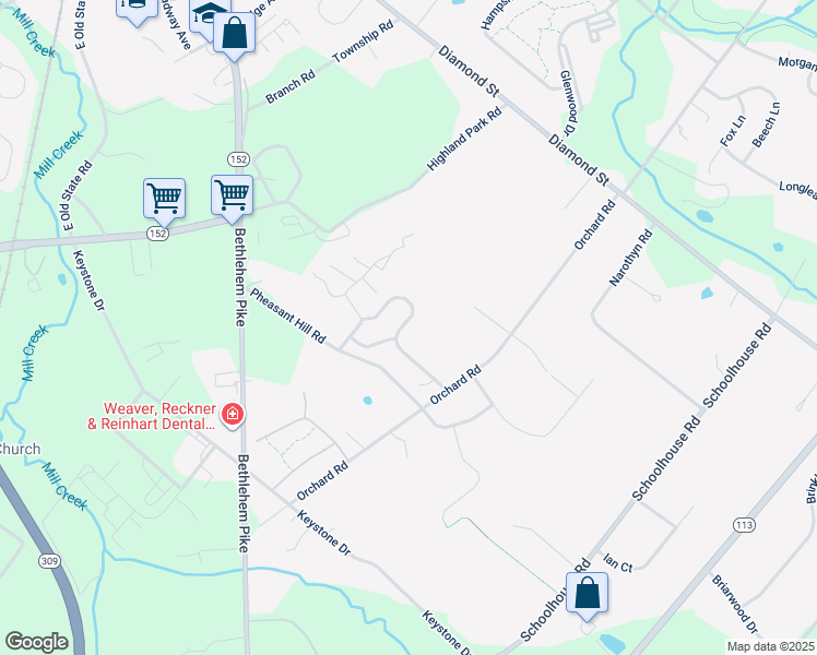 map of restaurants, bars, coffee shops, grocery stores, and more near 55 Williams Way in Sellersville