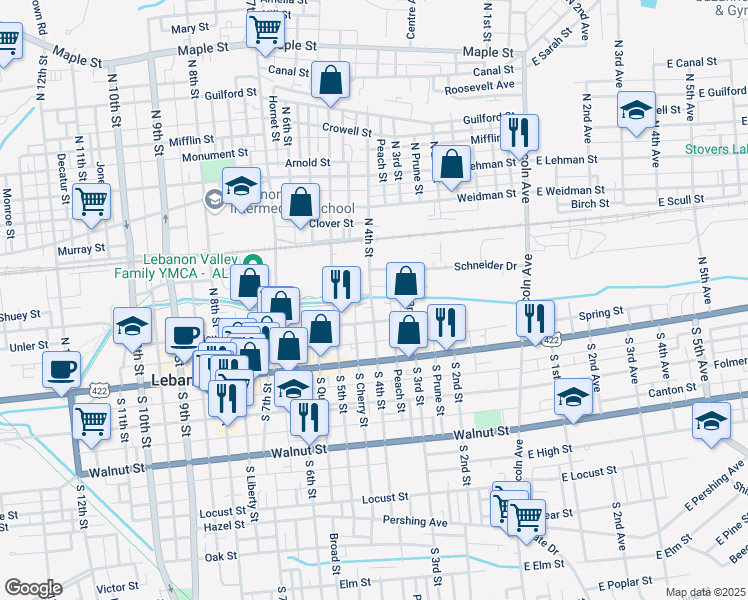 map of restaurants, bars, coffee shops, grocery stores, and more near 124 North 4th Street in Lebanon