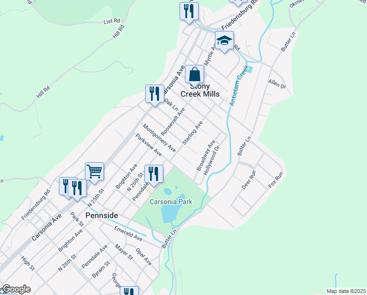 map of restaurants, bars, coffee shops, grocery stores, and more near 300 Melrose Avenue in Reading