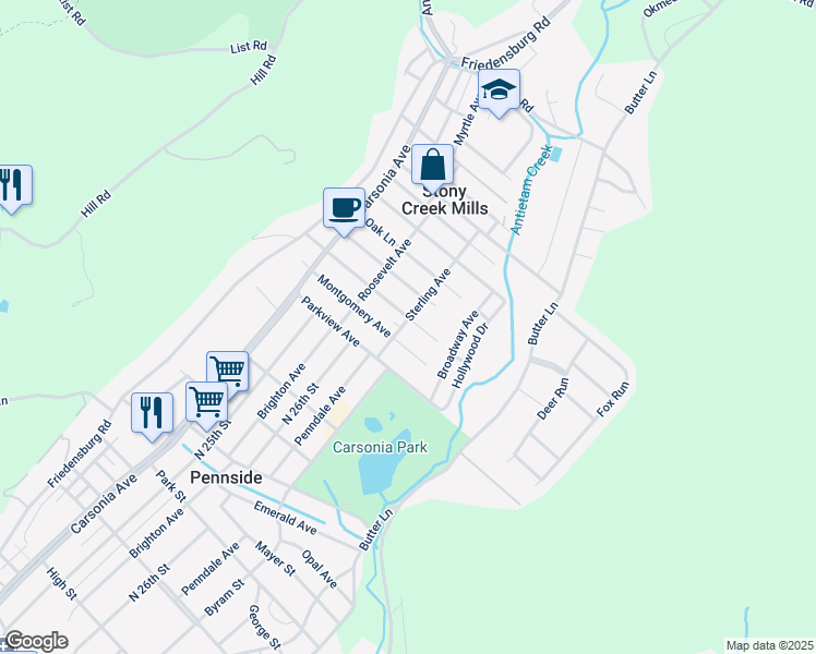 map of restaurants, bars, coffee shops, grocery stores, and more near 300 Melrose Avenue in Reading