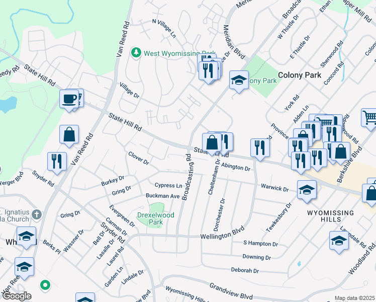 map of restaurants, bars, coffee shops, grocery stores, and more near 2900 State Hill Road in Reading