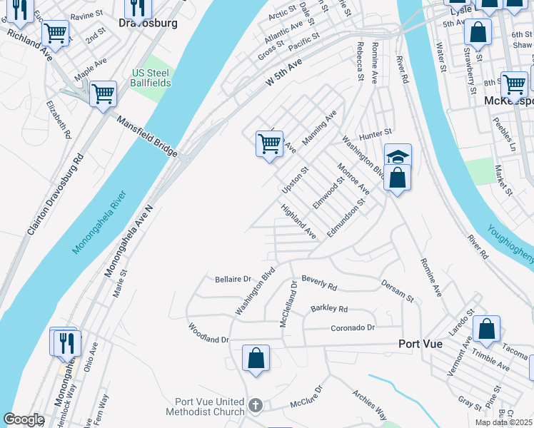 map of restaurants, bars, coffee shops, grocery stores, and more near 1021 Upston Street in McKeesport