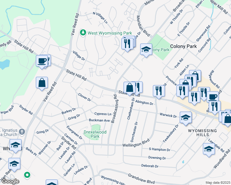 map of restaurants, bars, coffee shops, grocery stores, and more near 2650 Westview Drive in Wyomissing