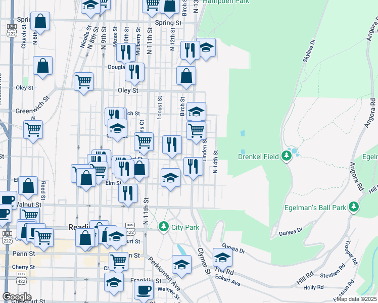 map of restaurants, bars, coffee shops, grocery stores, and more near 412 North 13th Street in Reading