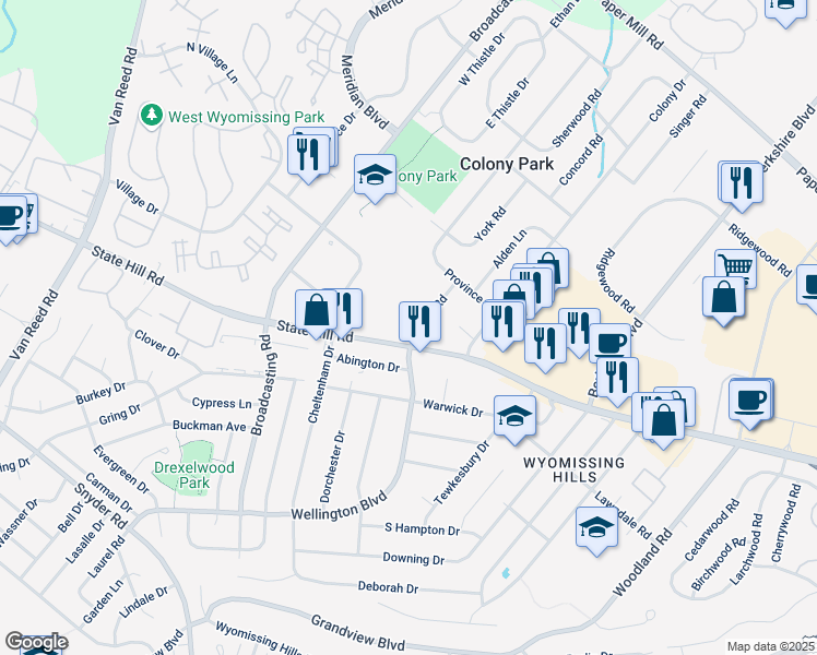 map of restaurants, bars, coffee shops, grocery stores, and more near 1816 Salem Road in Wyomissing