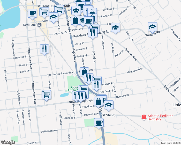 map of restaurants, bars, coffee shops, grocery stores, and more near 188 East Bergen Place in Red Bank