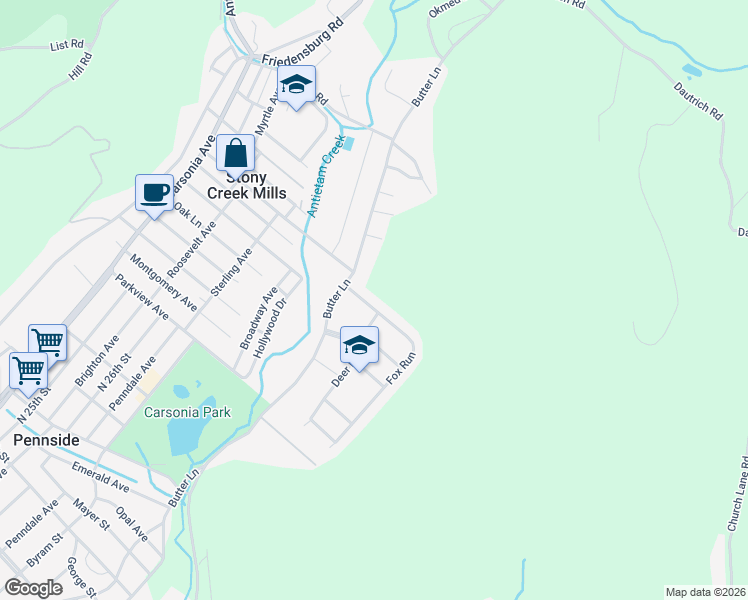 map of restaurants, bars, coffee shops, grocery stores, and more near 1340 Fox Run in Reading