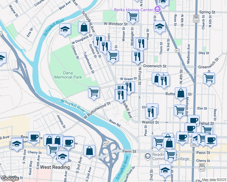 map of restaurants, bars, coffee shops, grocery stores, and more near 446 Miltimore Street in Reading