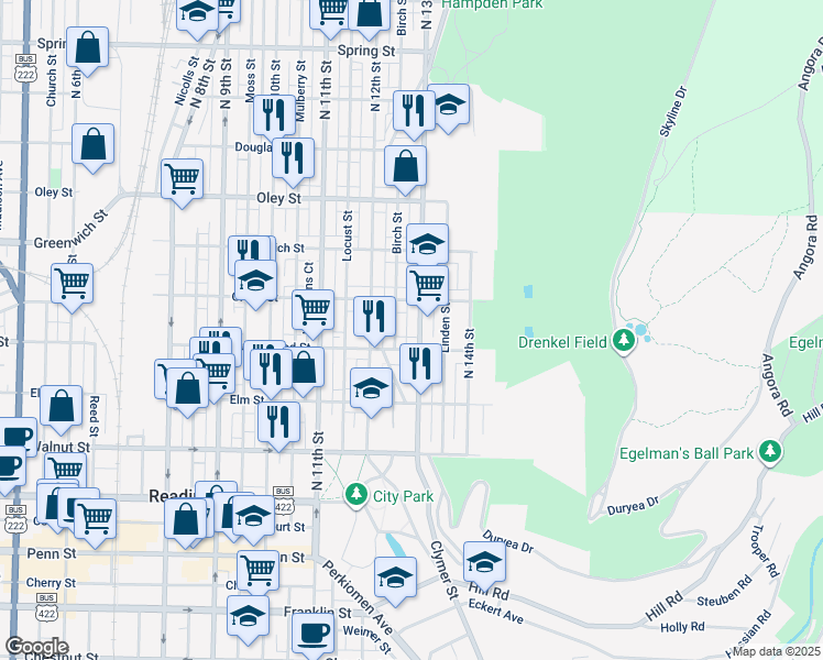 map of restaurants, bars, coffee shops, grocery stores, and more near 414 North 13th Street in Reading