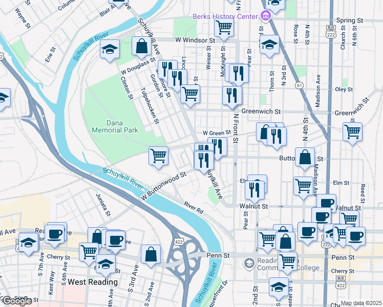 map of restaurants, bars, coffee shops, grocery stores, and more near 446 Miltimore Street in Reading