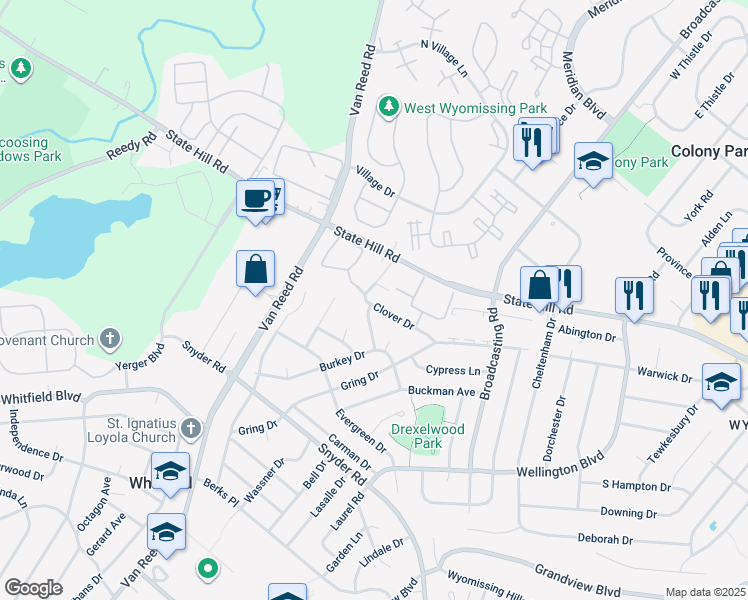 map of restaurants, bars, coffee shops, grocery stores, and more near 2034 Franklin Place in Wyomissing