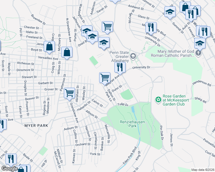 map of restaurants, bars, coffee shops, grocery stores, and more near 1960 Eden Park Boulevard in McKeesport