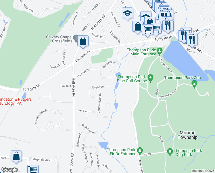 map of restaurants, bars, coffee shops, grocery stores, and more near 34 Dayna Drive in Monroe Township