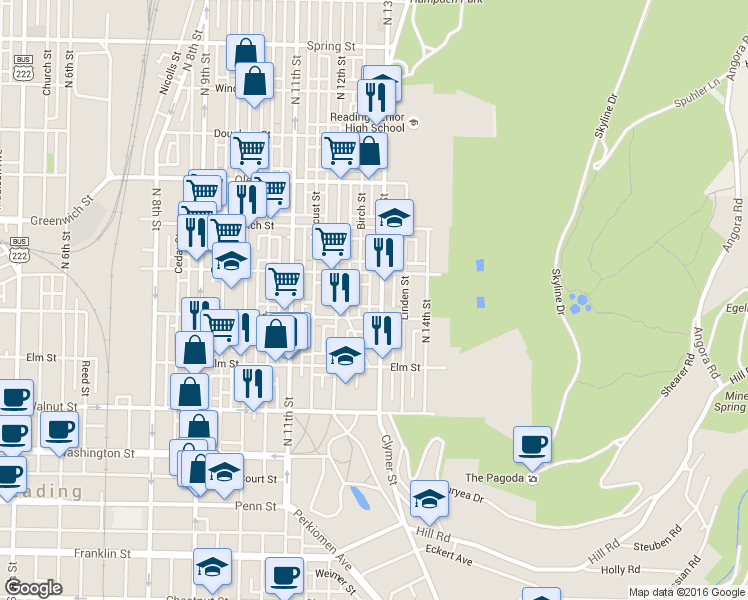 map of restaurants, bars, coffee shops, grocery stores, and more near 414 North 13th Street in Reading