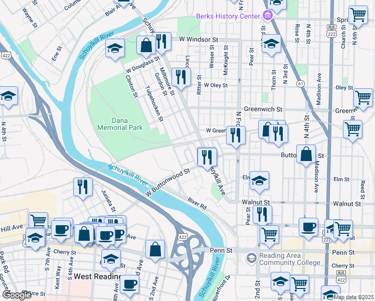map of restaurants, bars, coffee shops, grocery stores, and more near 480 Gordon Street in Reading
