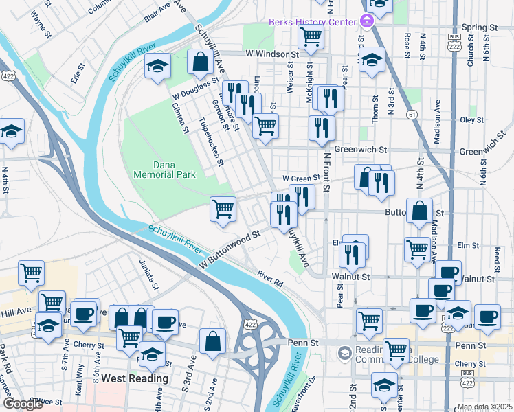 map of restaurants, bars, coffee shops, grocery stores, and more near 480 Gordon Street in Reading