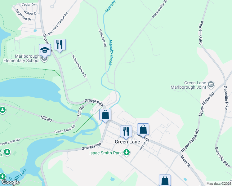 map of restaurants, bars, coffee shops, grocery stores, and more near 5001 Hoppenville Road in Green Lane