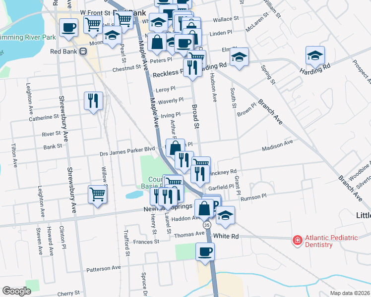 map of restaurants, bars, coffee shops, grocery stores, and more near 188 East Bergen Place in Red Bank