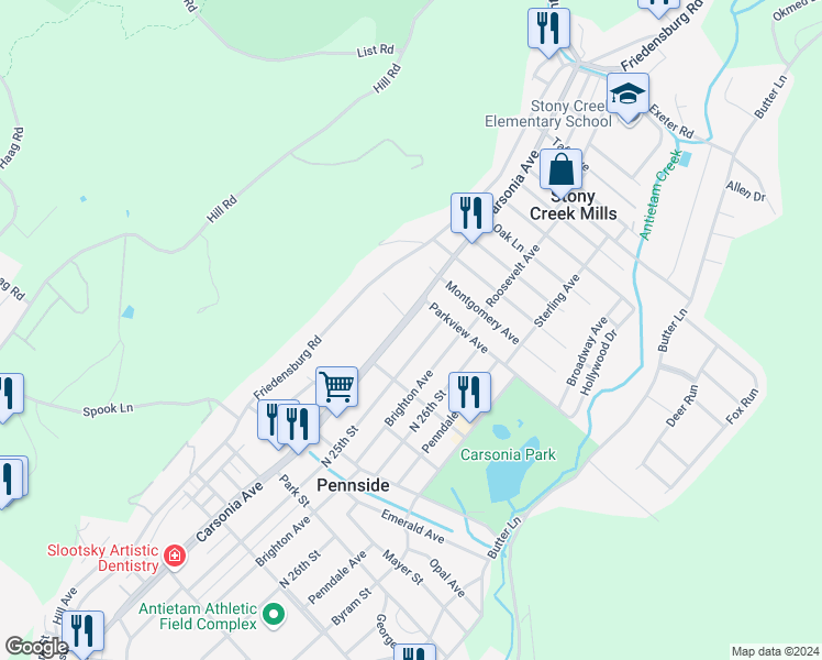 map of restaurants, bars, coffee shops, grocery stores, and more near 915 Carsonia Avenue in Reading