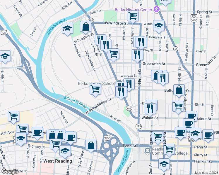 map of restaurants, bars, coffee shops, grocery stores, and more near 480 Gordon Street in Reading