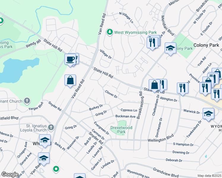 map of restaurants, bars, coffee shops, grocery stores, and more near 2916 State Hill Road in Reading
