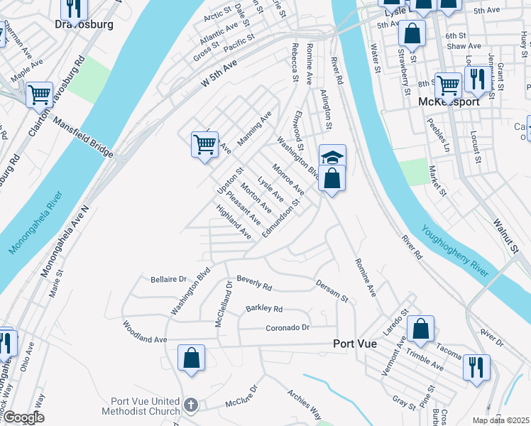 map of restaurants, bars, coffee shops, grocery stores, and more near 1009 Morton Avenue in McKeesport